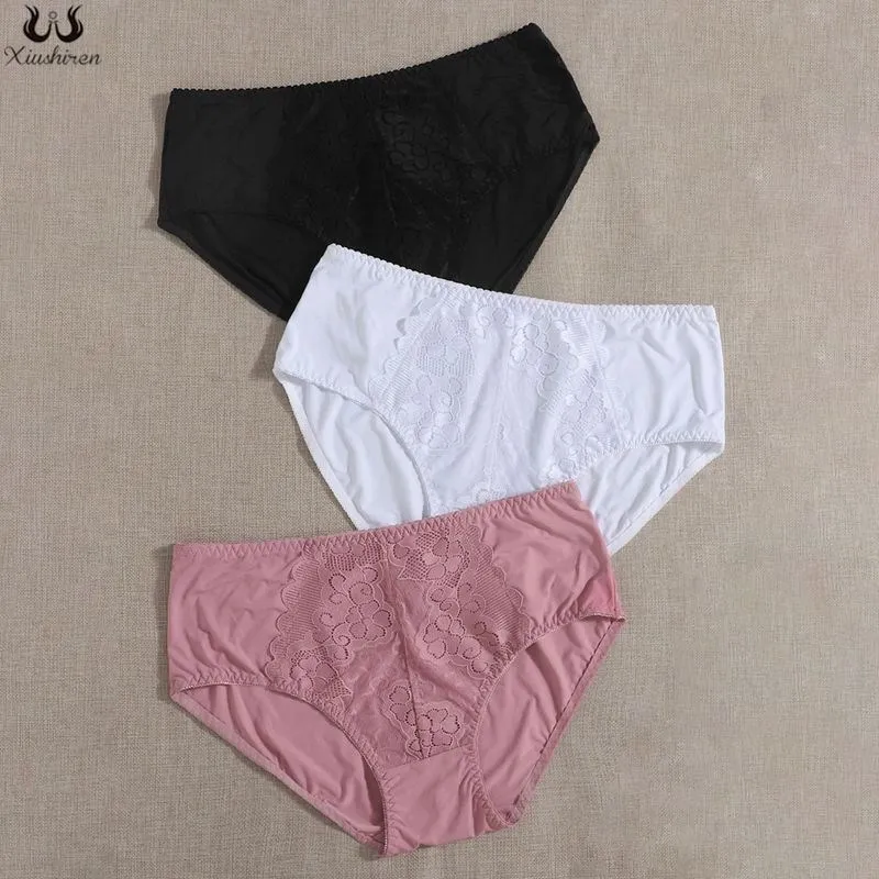 Xiushiren 3Pcs/Lot L XL 2XL 3XL 4XL 5XL Female Floral Panties Lace Lingerie Plus Size Lace Pajamas Underwear Silk Satin Shorts