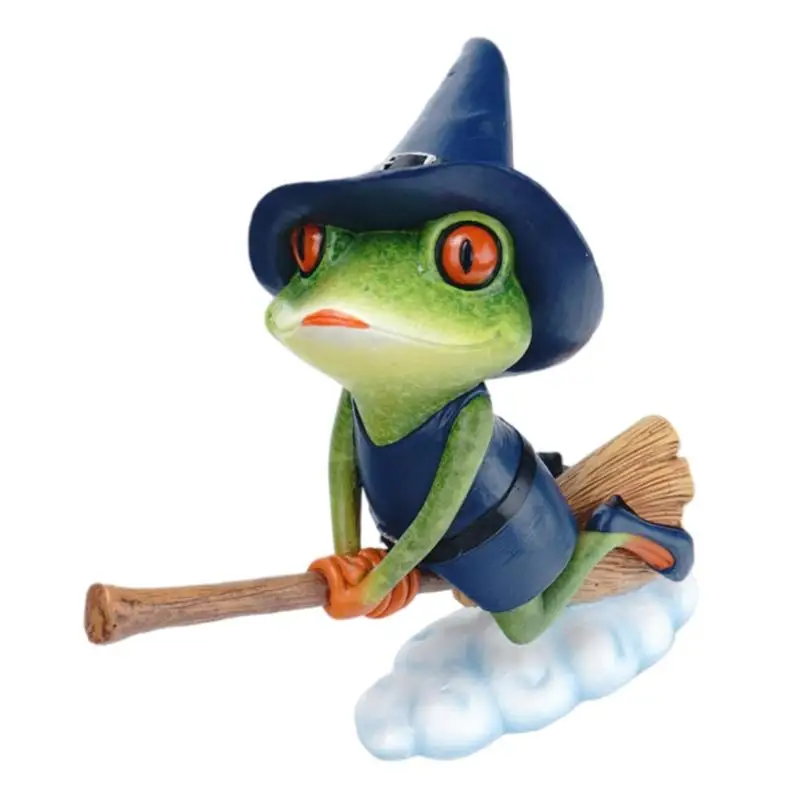 Frog Garden Decor Outdoor Frog Figurines 3D Ornament Statue Of Resin Frog Riding On Broom Cute Animal Statues For Yard Patio