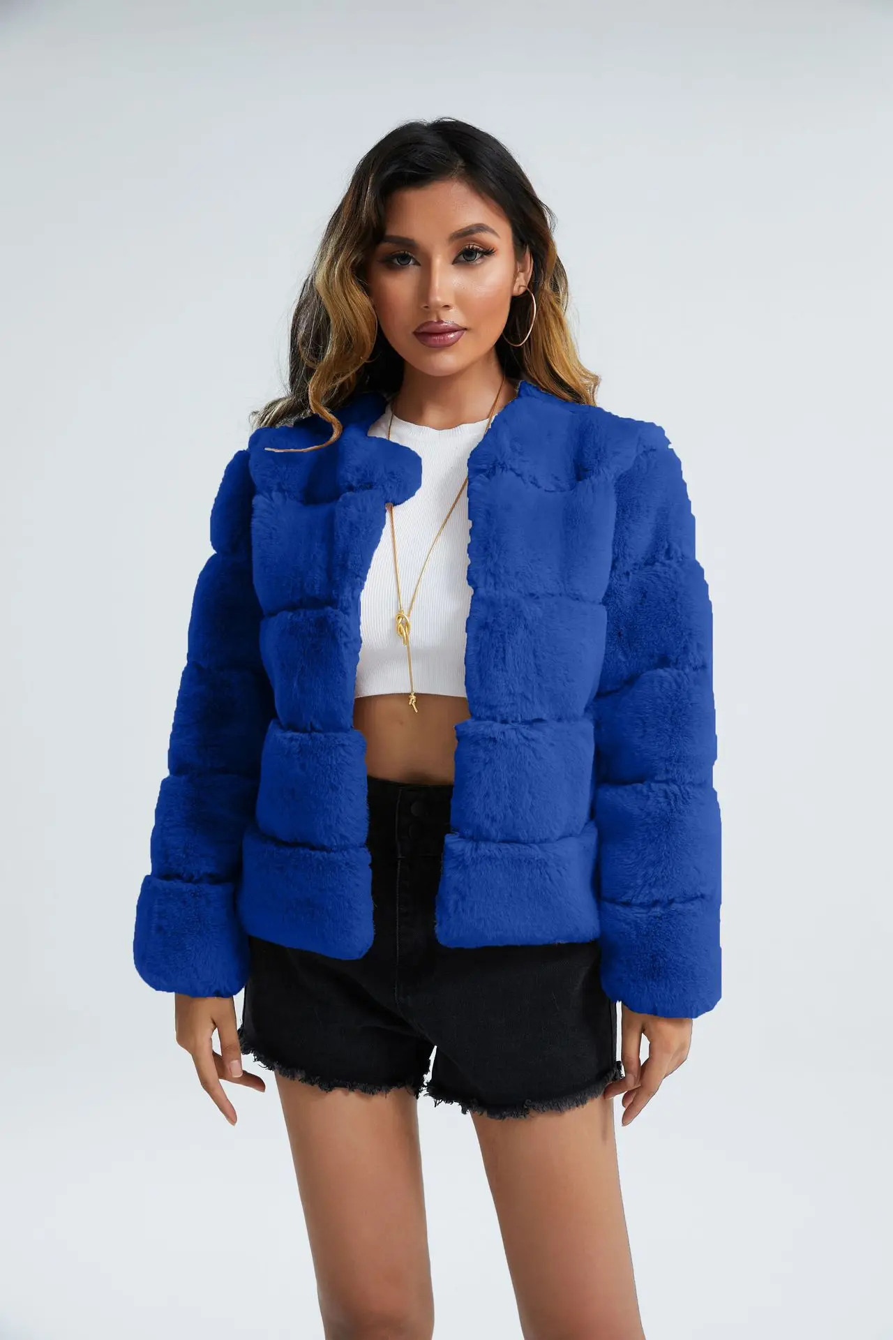 2022 Winter Imitation Fur Women Clothing Short Coat Imitation Fox Fur Horizontal Splicing Slim Artificial Fur Jackets for Women