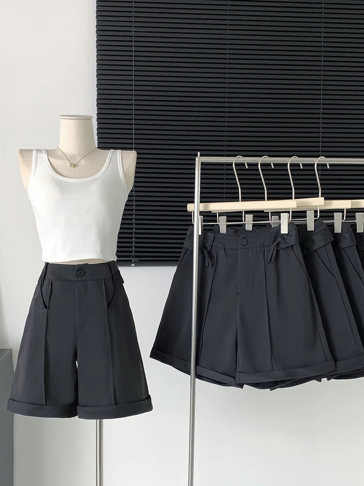 

Шорты женские однотонные до колен, модная уличная одежда в Корейском стиле, винтажные Свободные повседневные штаны с завышенной талией, в стиле Ins, лето