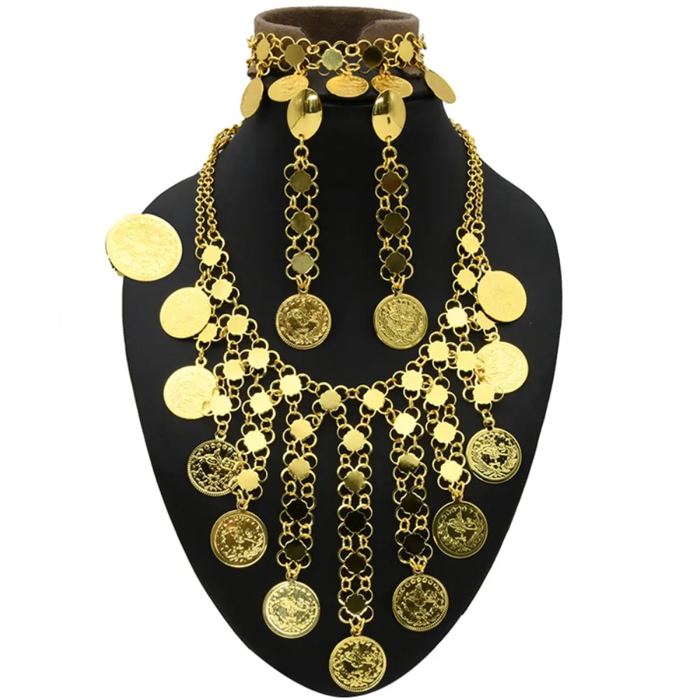 

Turkey Coin Pendant Necklace Earring Ring Bracelet Jewelry Sets For Women Gold Color Coins African Dubai Bridal Wedding Gifts
