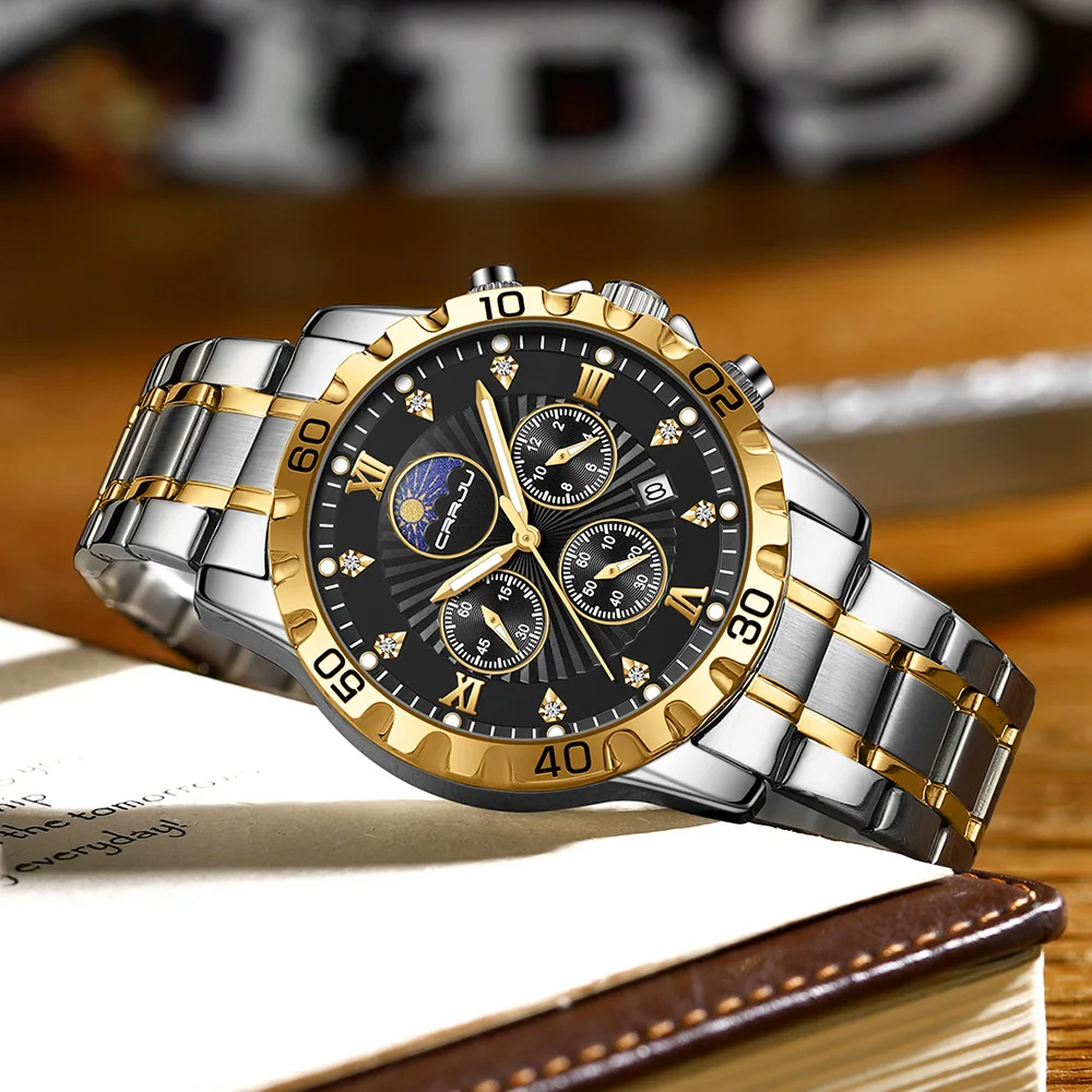 Часы CRRJU Мужские Аналоговые Кварцевые с хронографом люксовые деловые