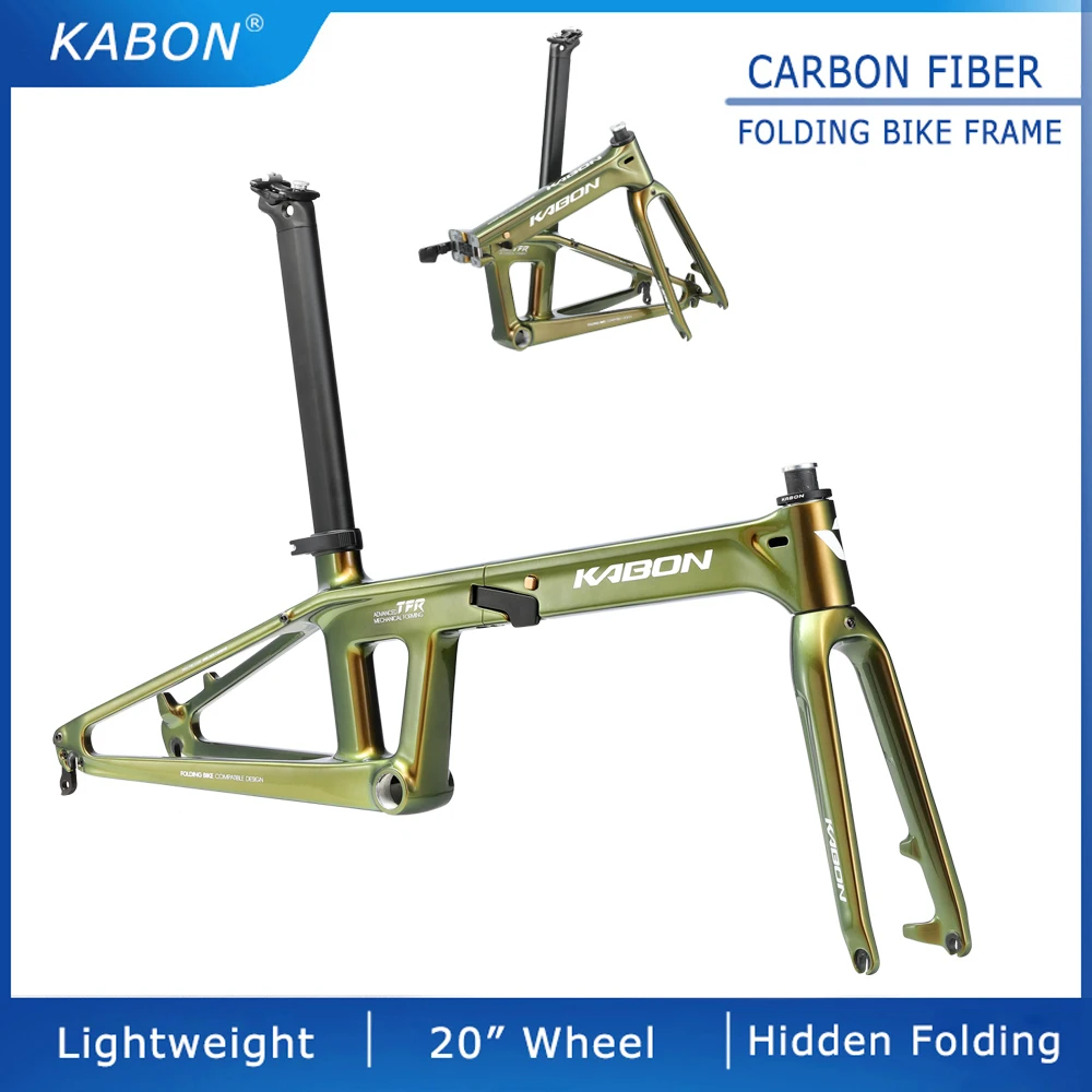 KABON Ultralight T800 20inch Folding Bike Frame Full Carbon Carbon Fiber Frameset Disc Brake QR 135mm BSA 68 Screwed