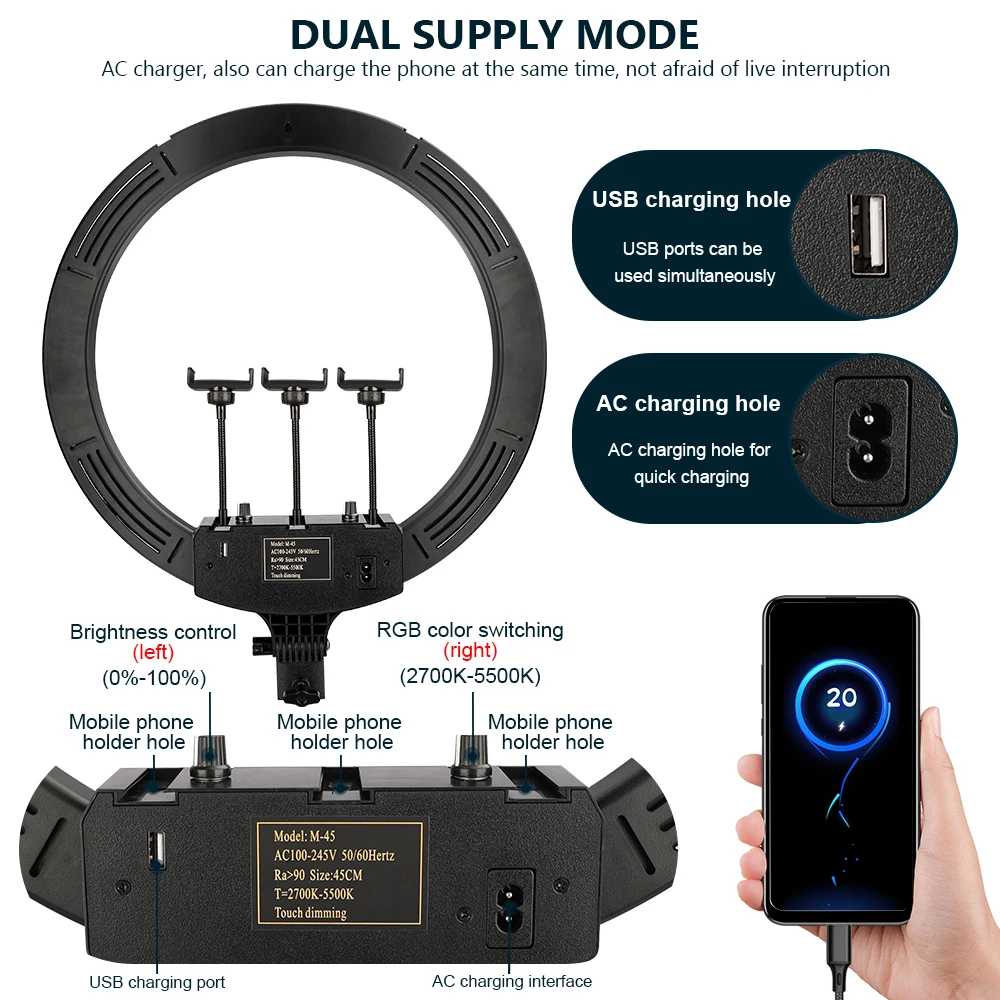 Кольцевой светодиодный светильник для фотосъемки 18 дюймов с регулируемой