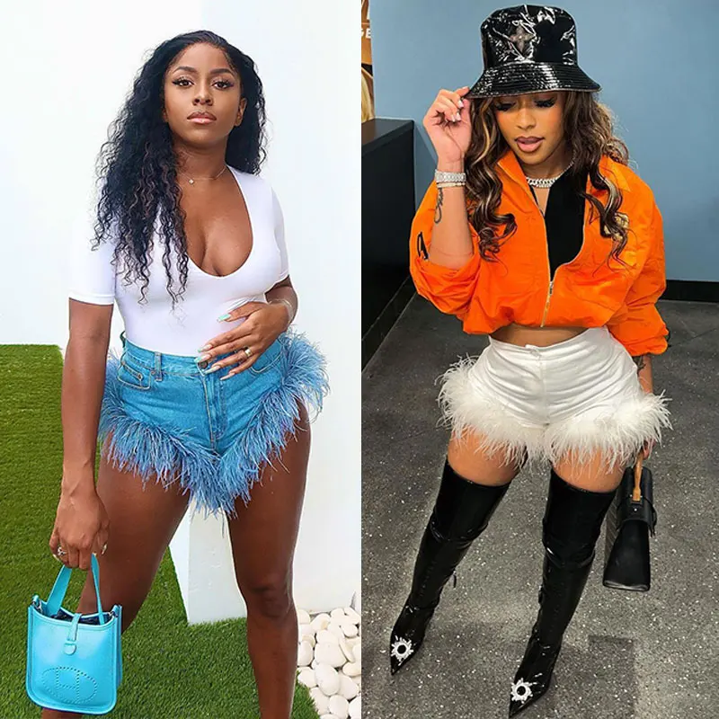 

Echoine New Design Feather Fur Patchwork Denim Shorts Women Sexy Fashion Jeans White Blue Short Jeans Pants Summer Street Pants