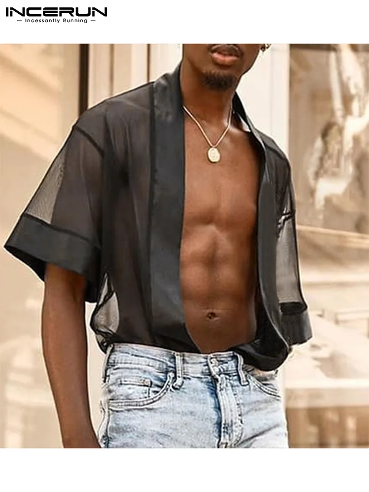 

INCERUN Men Shirt Mesh Patchwork Transparent Open Stitch Sexy Half Sleeve Cardigan Kimono With Belt 2022 Fashion Long Tops S-5XL
