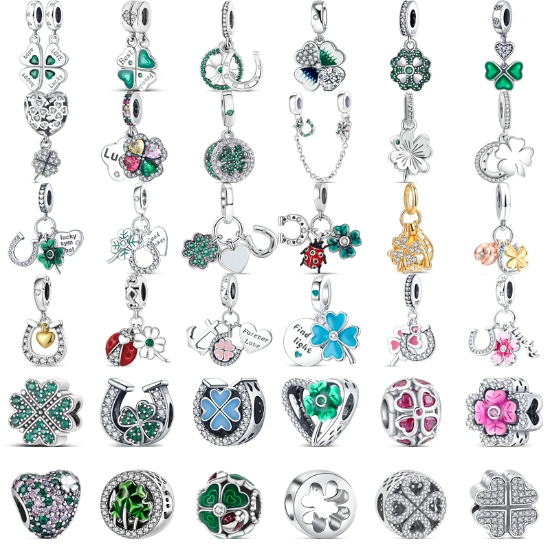 925 твердый Серебряный счастливый браслет с надписью Hope Love Четырехлистный Клевер Шарм Подкова Сердце Бусина Подходит для Pandora 925 оригинальный браслет DIY ювелирные изделия