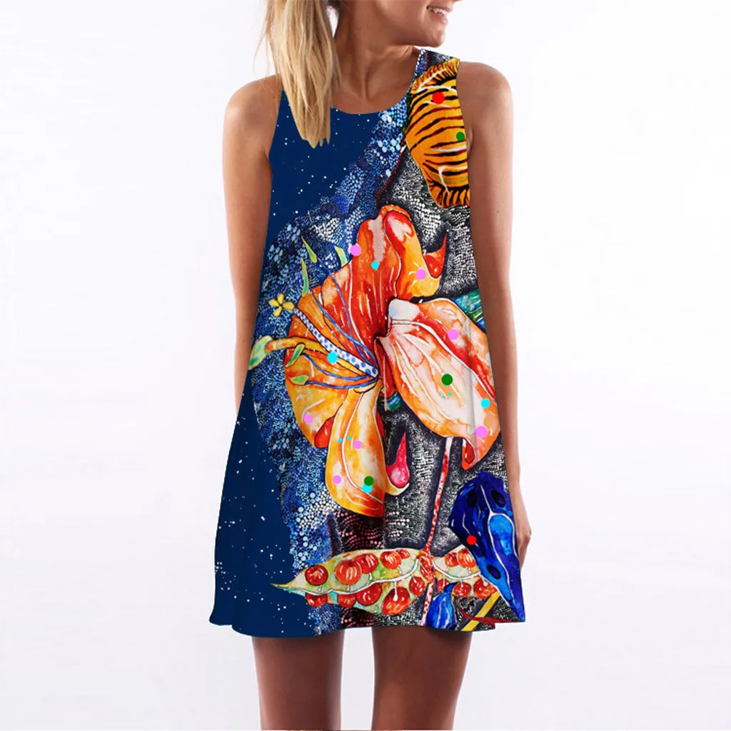 

Женское винтажное летнее пляжное мини-платье без рукавов в стиле бохо с принтом, сексуальное Макси-платье, женские платья с лямкой на шее