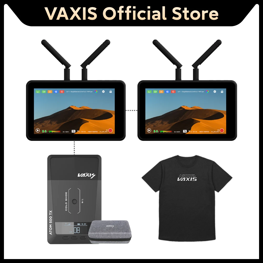 

Vaxis Atom A5 Wireless Monitor *2 & Atom 500 HDMI Kit & Vaxis Travel Case & Vaxis T-shirt