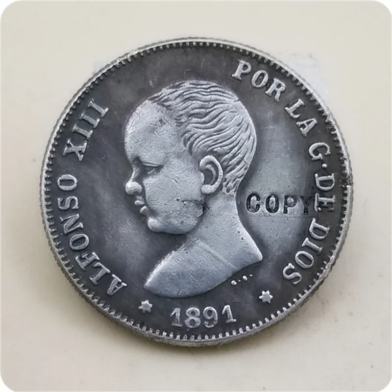 1891 Испания 2 Pesetas - Alfonso XIII (1 портрет) КОПИЯ МОНЕТА Карманные монеты для вызова