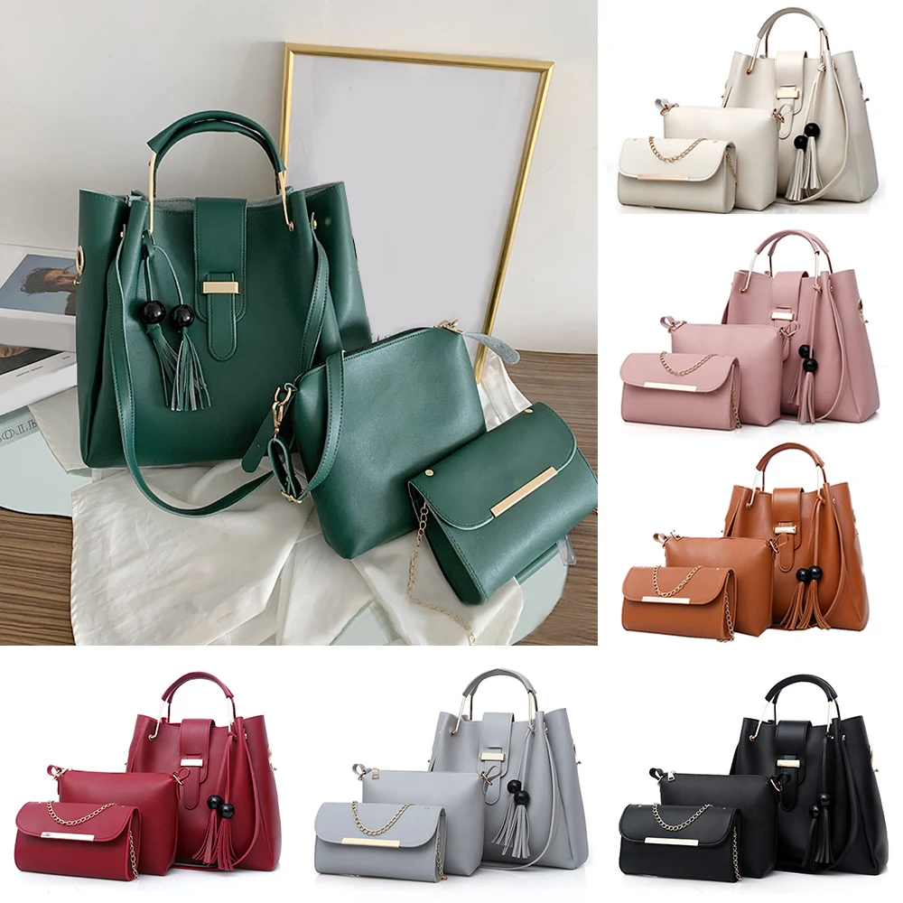 

Women Bags Set 3pcs Large Bags Leather Shoulder Bag Composite Bags Messenger Handbags Tote Satchel Purse Tassel Top-handle Bag