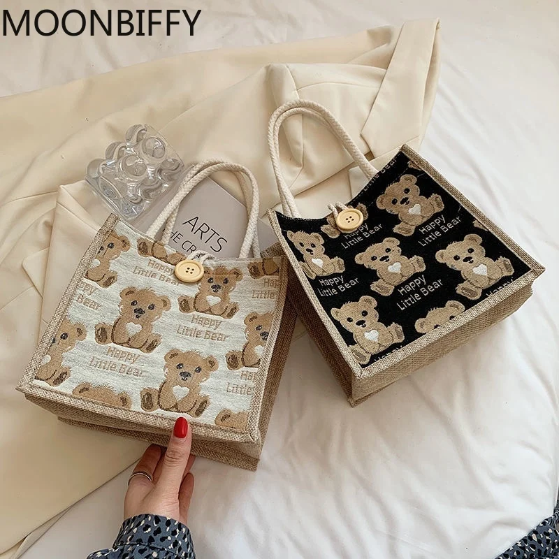 

Women Cute Bear Pattern Bag Flax Girl Student Handbag Mini Outdoor Handbag Casual Lunch Bag Underarm Bag Handbag Women Cartoon