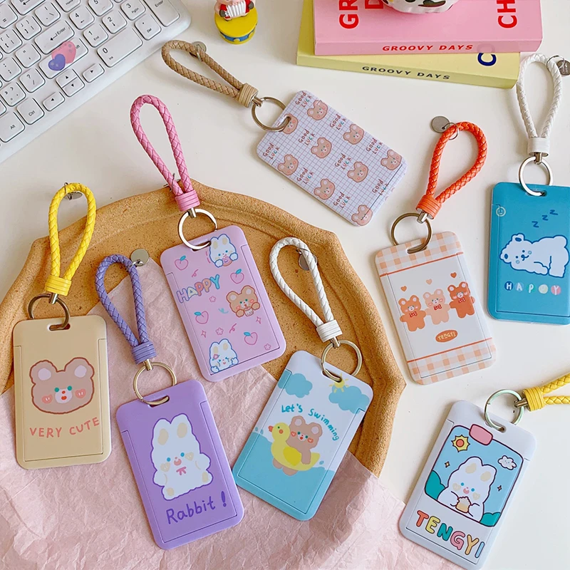 

Cute Cartoon Card Cover Girls Sweet Fashion Slide Card Holders With Lanyard Japanese Style Small Animal Print Card Protector