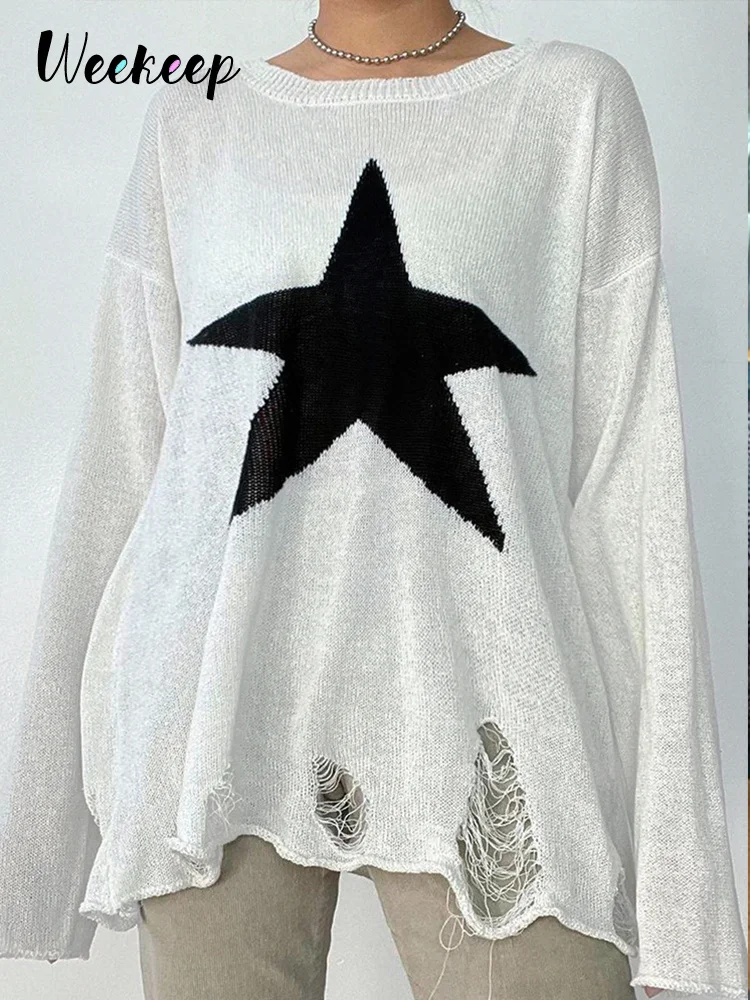 

Oversized Thin Ripped Sweater Cute Star Print Loose White Long Sleeve Knitted Jumper Women Casual Smock Pullovers Basic
