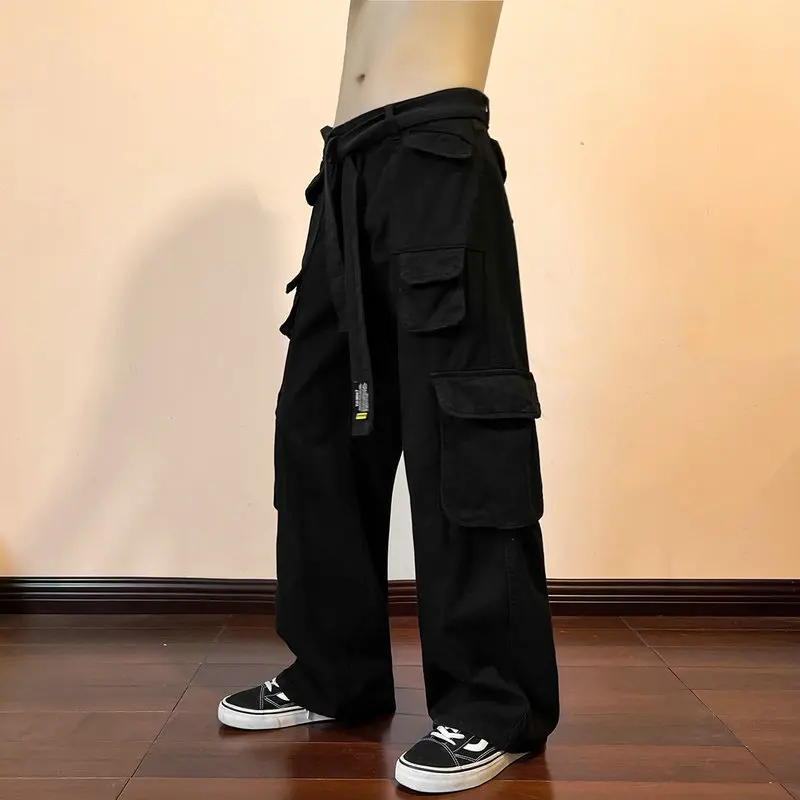 

Брюки-карго мужские с множеством карманов, повседневные Модные свободные штаны в стиле хип-хоп, с широкими штанинами, уличная одежда, черные