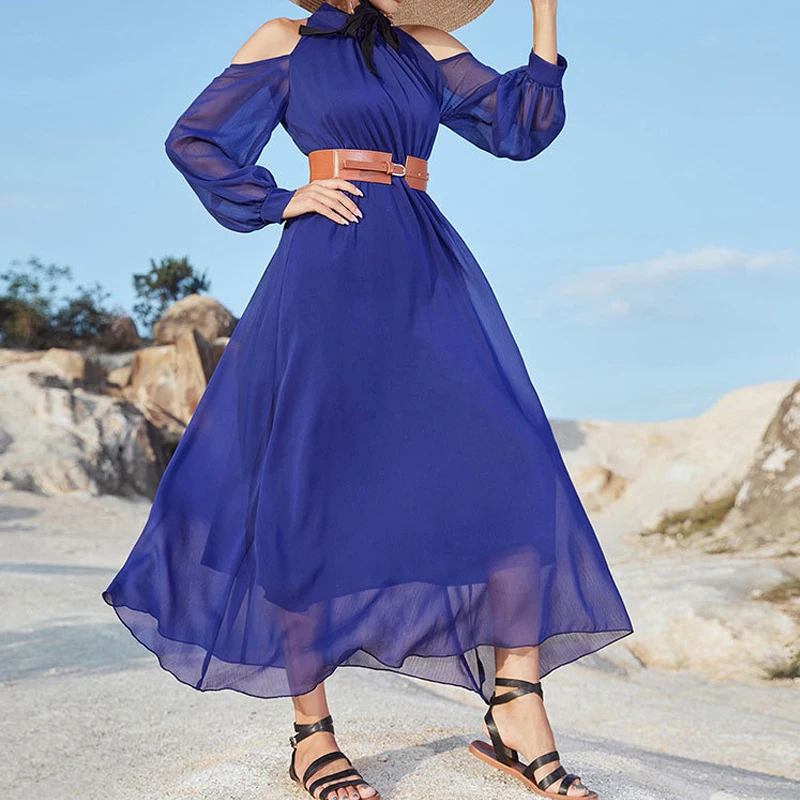 

Mesh Blue Summer Women Dress Belt Lace Up Scalloped Sexy Dresses High Waist Full Sleeves Vestidos Economic 2022
