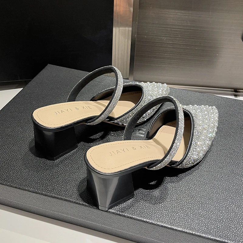 Woman Sparkly Pearl Pointed Toe Sandals Elegant Party Shoes Medium Heels Wedding Casual Chunky Heels Slippers Luxury Comfortable