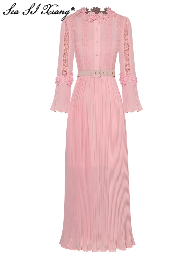 

Женское плиссированное платье с поясом, круглым вырезом и расклешенными рукавами