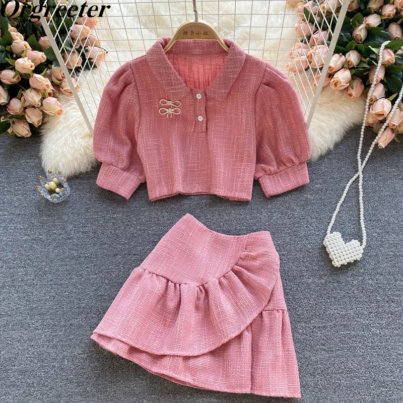 

Summer New Sweet Pink Tweed 2 Piece set Women Lapel Puff sleeve Rhinestone bow Cropped Tops and Ruffles Skirt Suit Female