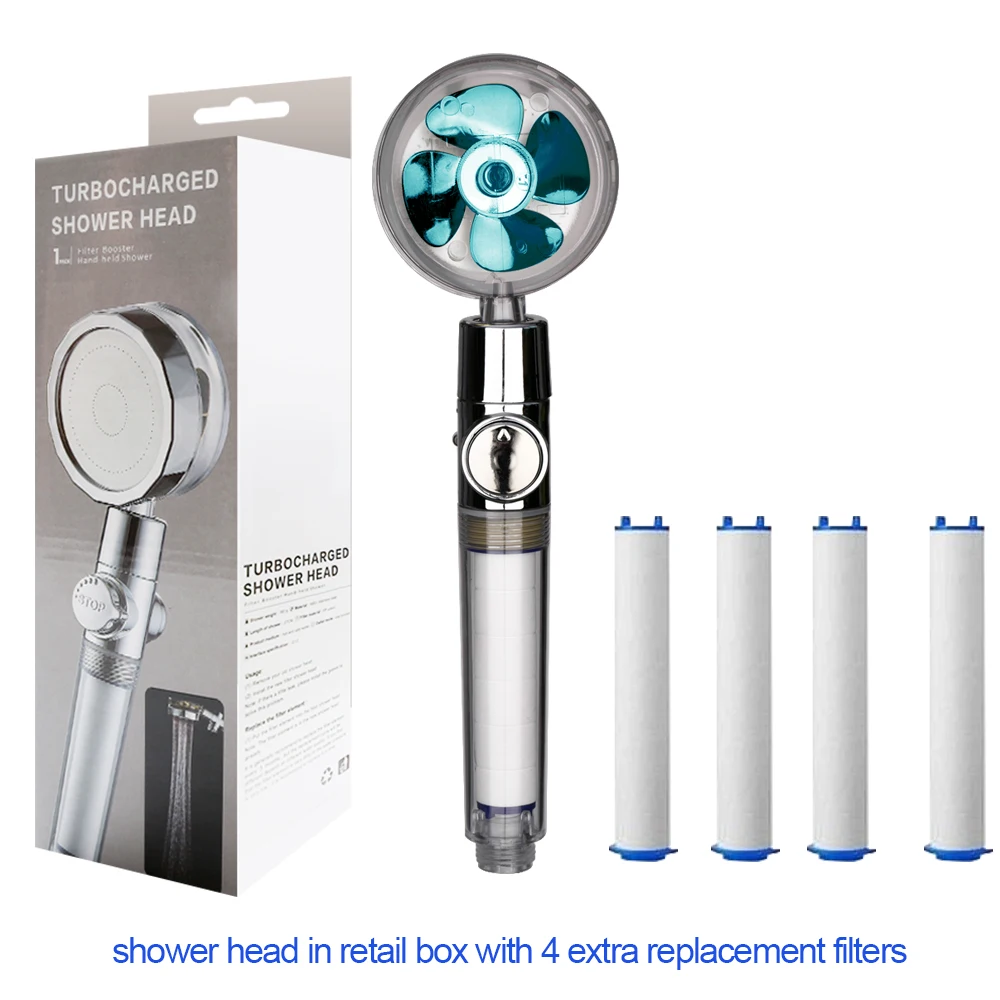 

New 2021 Dropshipping Propeller Driven Shower Head with Stop Button Shower head with Fan High Pressure Handheld shower Nozzle