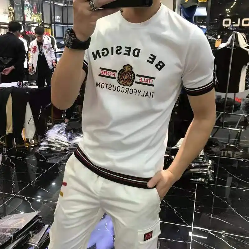 

Large size men's T-shirt 2022 summer new emblem embroidery round neck slim fit trend personality short-sleeved t-shirt men's