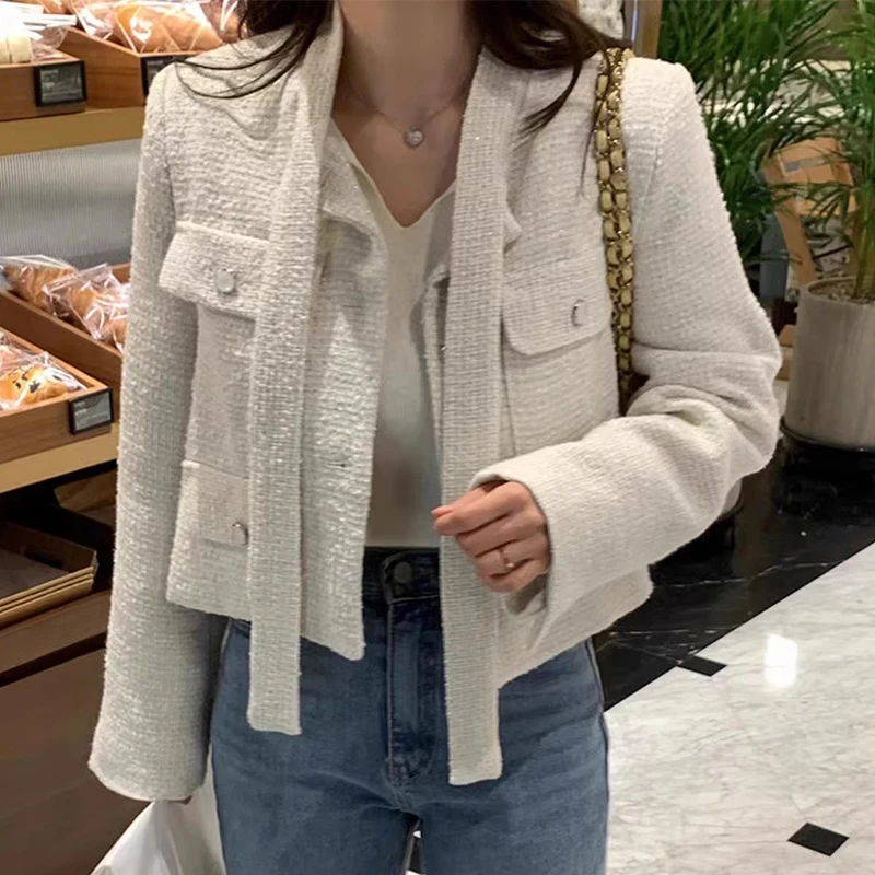 Женская твидовая однобортная куртка с длинным рукавом и лентами