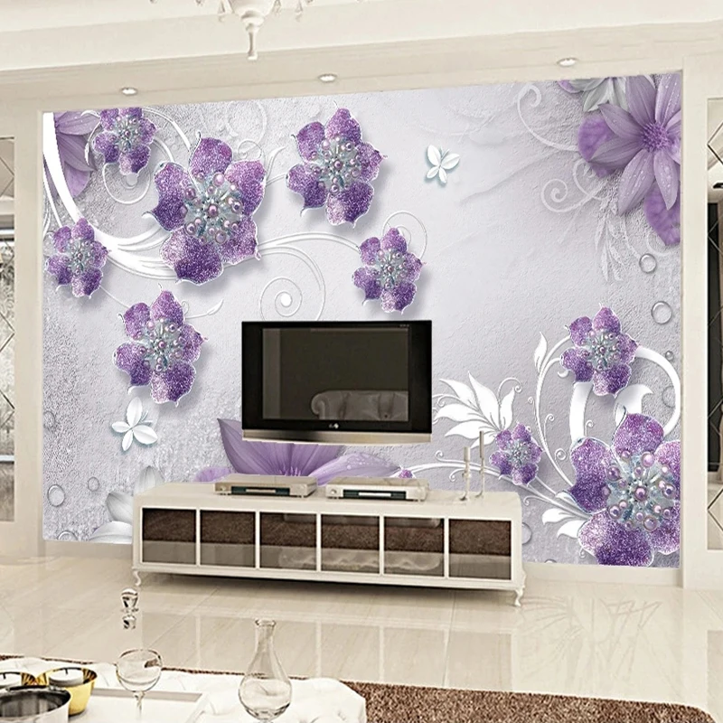 

Пользовательские фото обои Современная мода фиолетовые цветы росписи гостиной ТВ диван спальня фон обои Papel де Parede 3 D