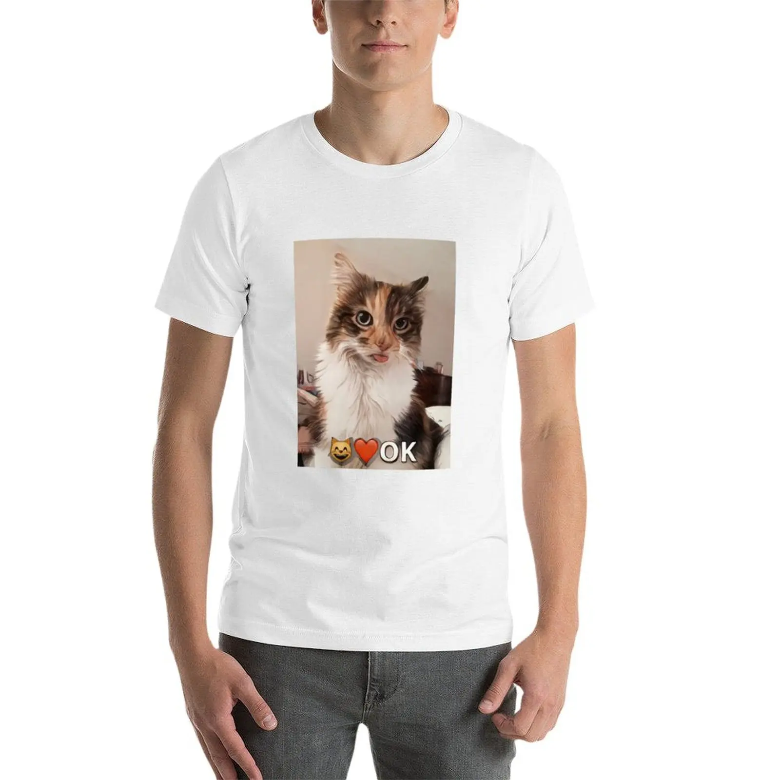 Фото Футболка с мультяшным дизайном Silly OK Cat, изображающая кота, который высунул язык, мужская футболка, 100% хлопок, базовая футболка, футболка №3