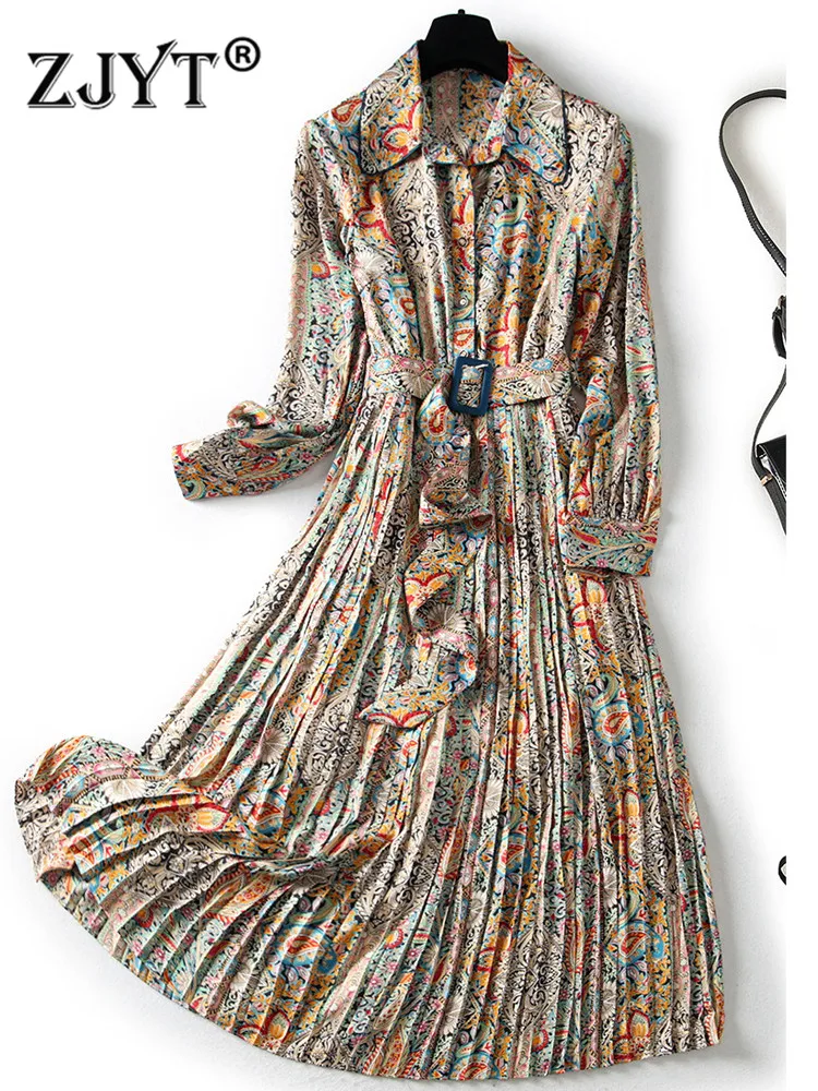 ZJYT Fashion Designer Spring Long Sleeve Print Dresses for Women 2023 New Arrivals Vintage Midi Casual Vestidos Elegant Holiday