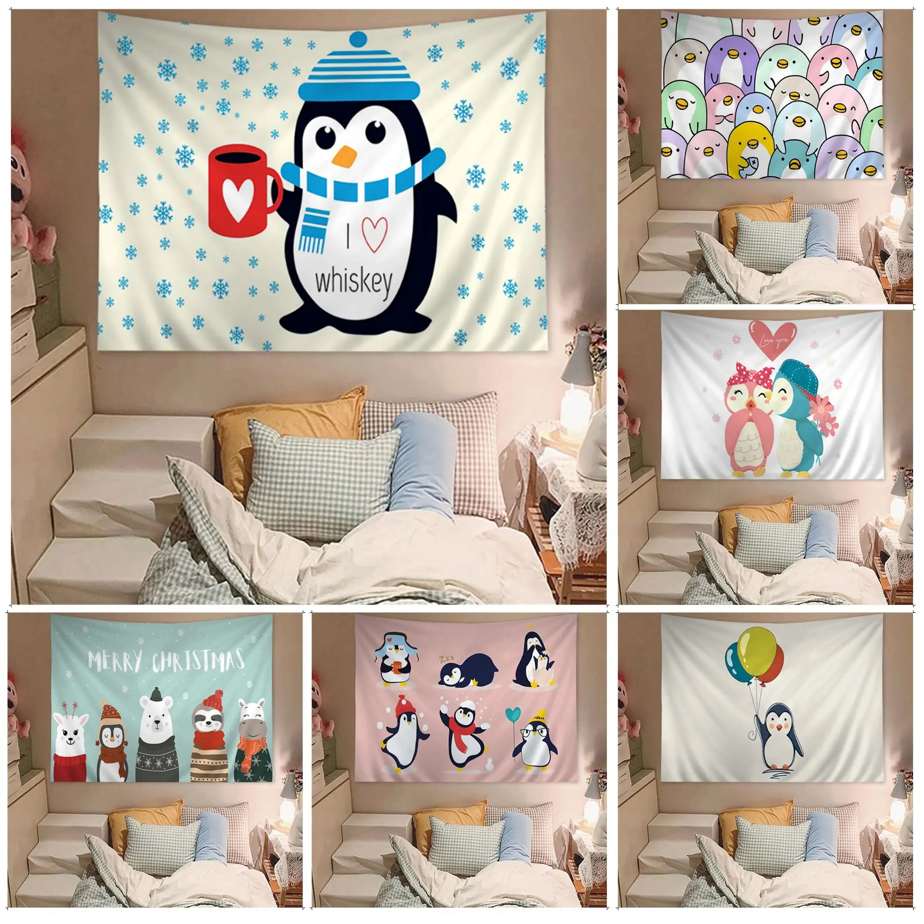 

Cartoon Penguin Colorful Tapestry Wall Hanging Indian Buddha Wall Decoration Witchcraft Bohemian Hippie Art Home Decor