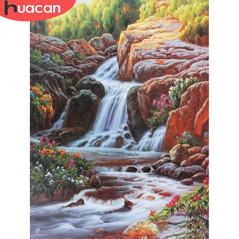 

Алмазная 5D картина HUACAN, Набор для вышивки «Водопад», квадратная/Круглая Мозаика, пейзаж, ручная работа, украшение для дома