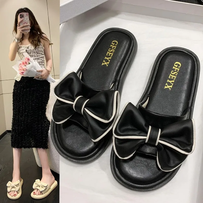 Korean Version 2cm Flat Shoes With Bow Embellished Slippers Women's Flip-Flops Green Sandals New 2023 Summer Slipper Fashion