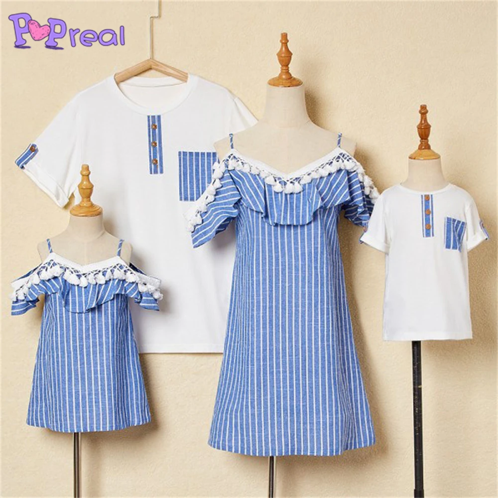 

PopReal Mother And Daughter Dress Blue Striped Fringed Dress Father And Son White T-shirt Family Matching Outfits