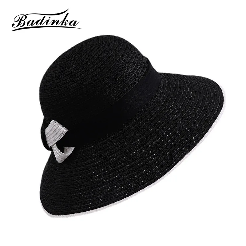 

2022 New Bowknot Large Wide Brim Bucket Hat Panama Chapeau Femme Foldable Beach Straw Hat UV Protection Sun Hats for Women Bone