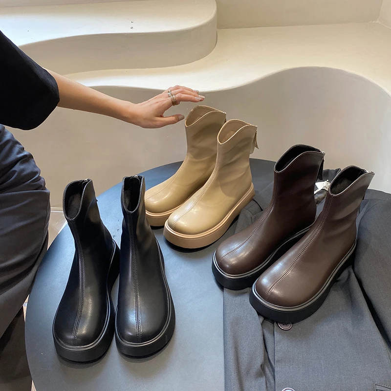 

Round Toe Women Ankle Boots 2022 New Arrivals Platform Shoes Back Zipper Chelsea Booties Black Brown Khaki Flat Mid Heels Short