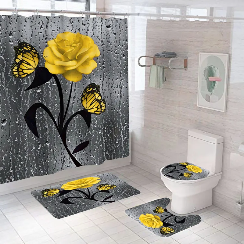 Floral 3D Print Shower Curtain Modern Bath Waterproof Anti-slip Mat Set Bathroom Toilet Rugs Carpet For |