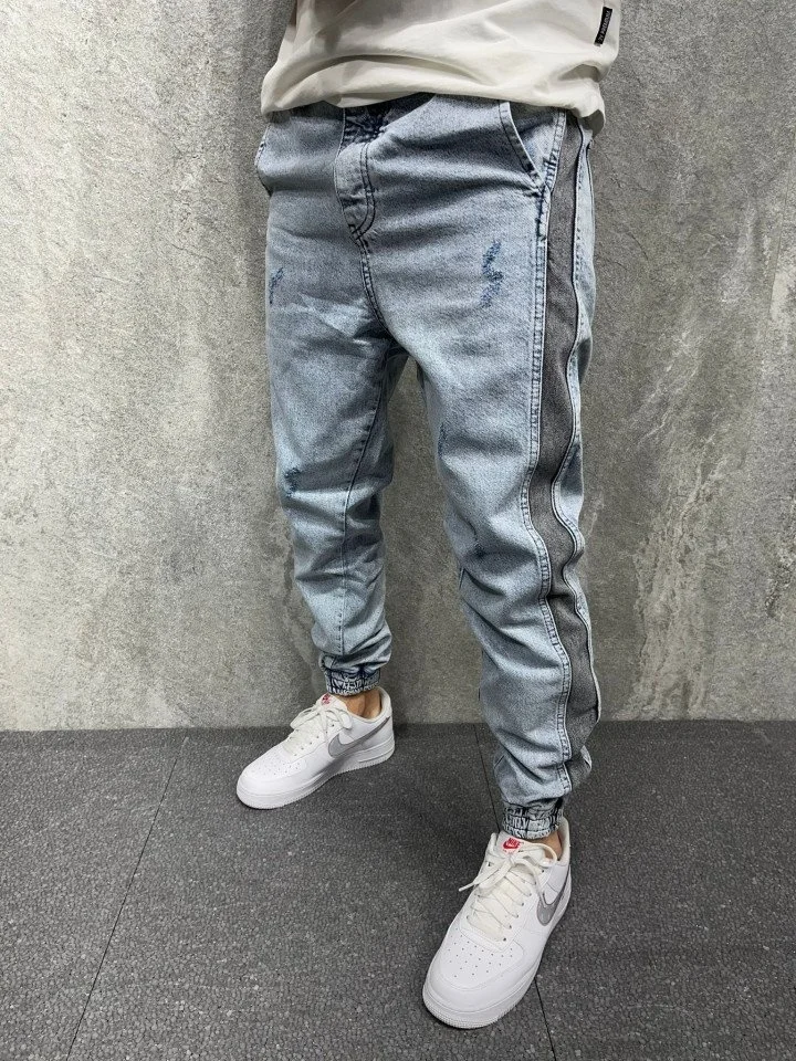 

Ripped Jeans For Men Side Striped Streetwear Hip Hop Denim Jogger Pants Slim Fit Distressed Trousers