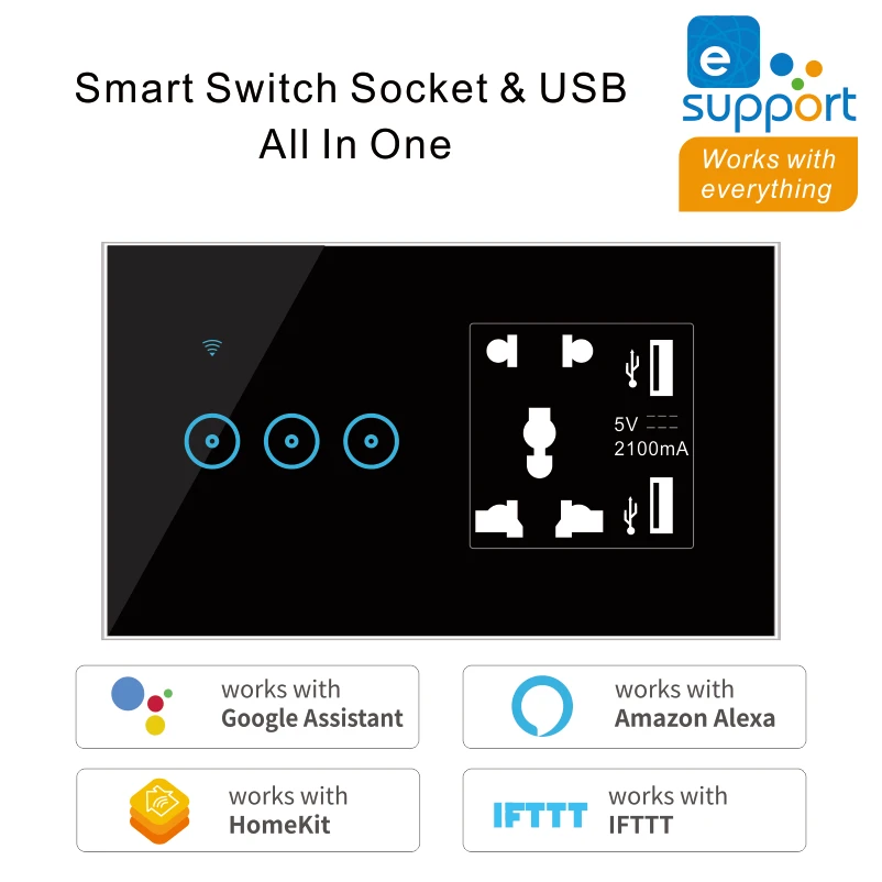 Wi-Fi Smart Wall Touch Switch 5 otworów zuniwersalnym gniazdem USB 1 2 3 Gang Wsparcie Alexa Google Home IFTTT Voice Control