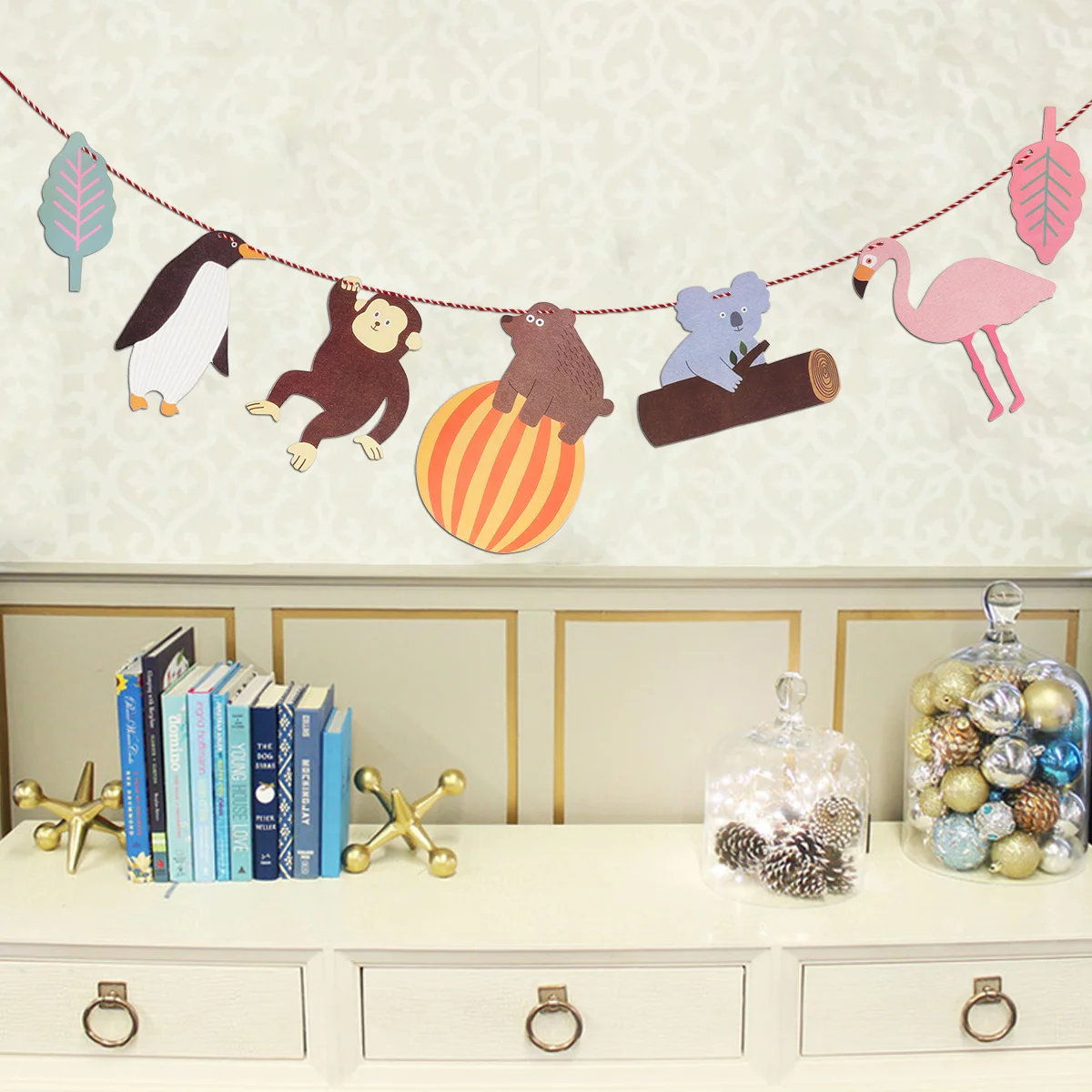 15 Meters Kids Room Bunting Banners Jungle Animals Flamingo Monkey Bradypod Brown Bear Penguin Patterns Flags Hanging Garland D