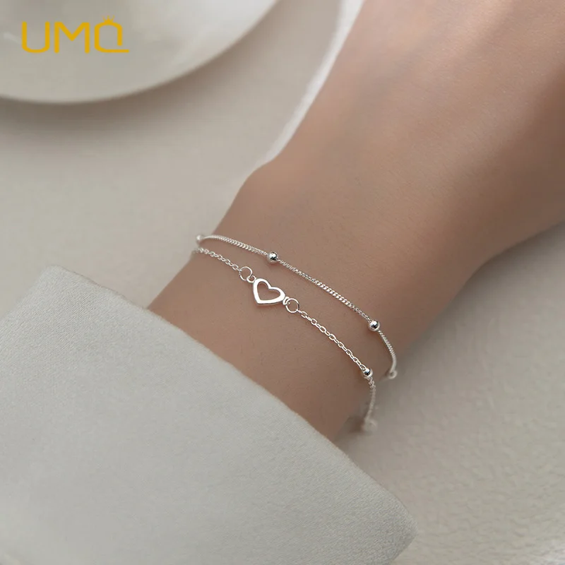 

UMQ 1Pcs Platinum Double Love Heart Hollow Round Beads Bracelet Female Fashion Romantic Jewelry Classic Adjustable Jewelry