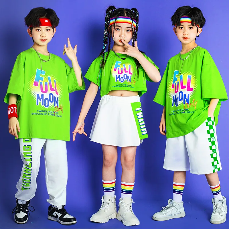 

Kids Hip Hop Green T Shirt Crop Tee Top Shorts Skirt Mini for Girl Boy Jazz Dance Costume Teen Cheerleading Rave Outfits Clothes