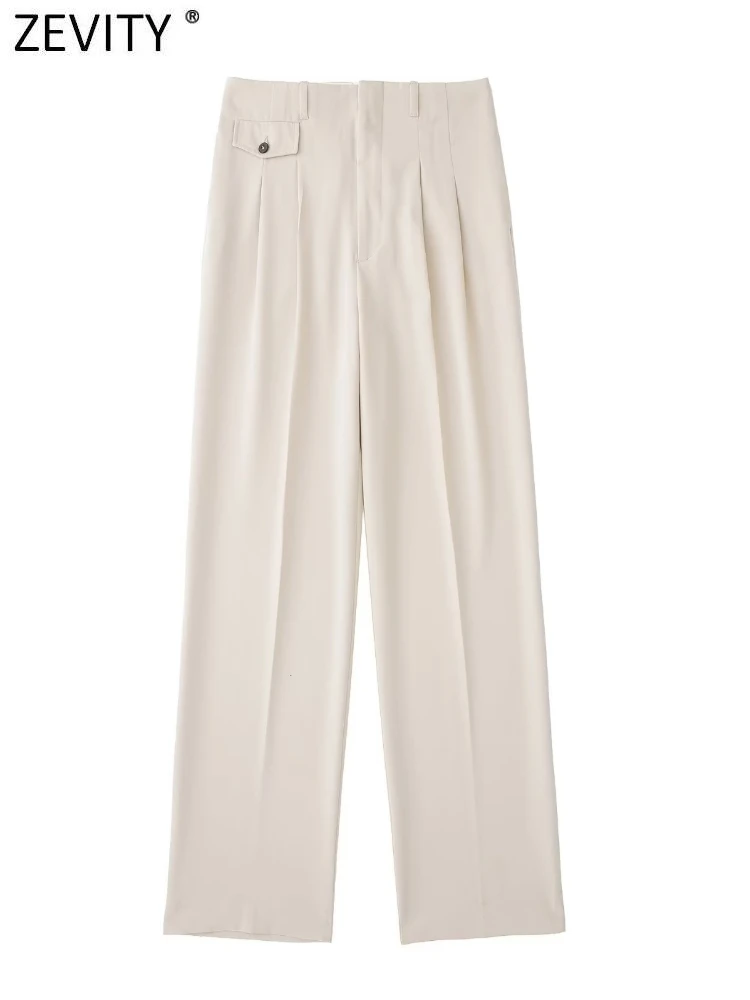 

Zevity Women Fashion Front Pleats Design Casual Straight Pants Female Zipper Fly Pocket Trousers Pantalones Mujer Pants P2502
