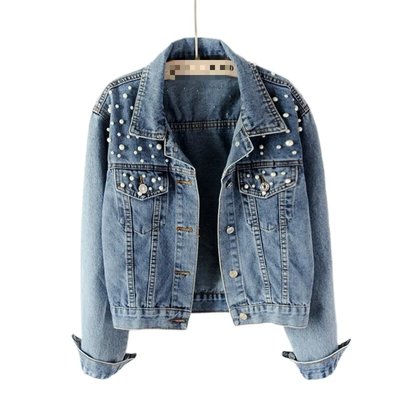 

2022 Fast Delivery New Autumn Fashion Women's Denim Jacket Full Sleeve Loose Button Pearls Short Lapel Wild Leisure