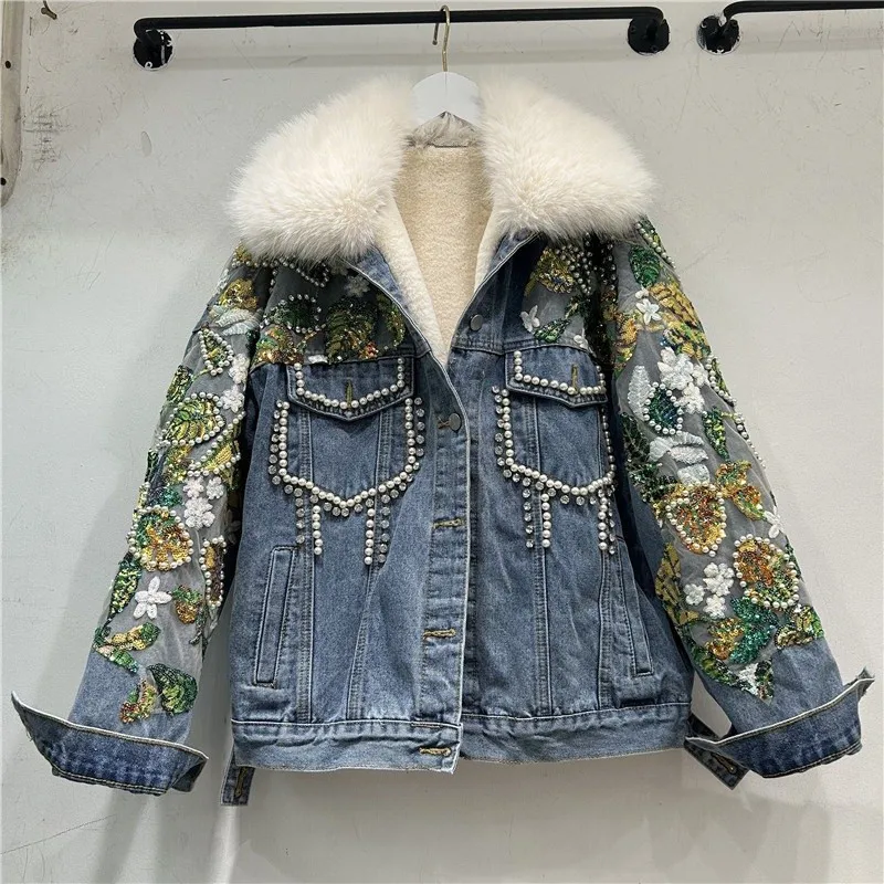 

Зимнее женское джинсовое пальто с жемчужными бусинами и блестками, зеленое, Пурпурное, повседневное, из искусственного меха, с воротником, теплое, с подкладкой из овечьей шерсти, женские ковбойские пальто
