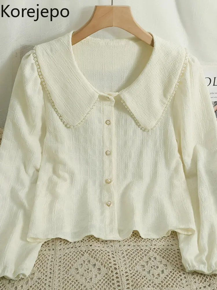 

Корейская французская винтажная рубашка с бисером, Детская рубашка с воротником, Женская жаккардовая блузка с рукавами-фонариками на ранню...
