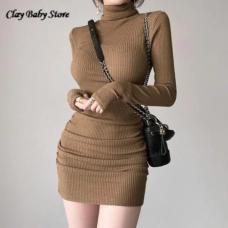 

원피스 Korean Fashion Knitted Sweater Dress Long Sleeve Women&Dress Trend Chic Vestidos Mujer Turtleneck Slim Bodycon Mini Robes