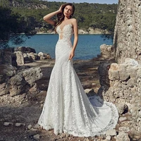 sexy o neck wedding dress for women lace appliques long bridal dresses backless button mermaid court train custom made vintage
