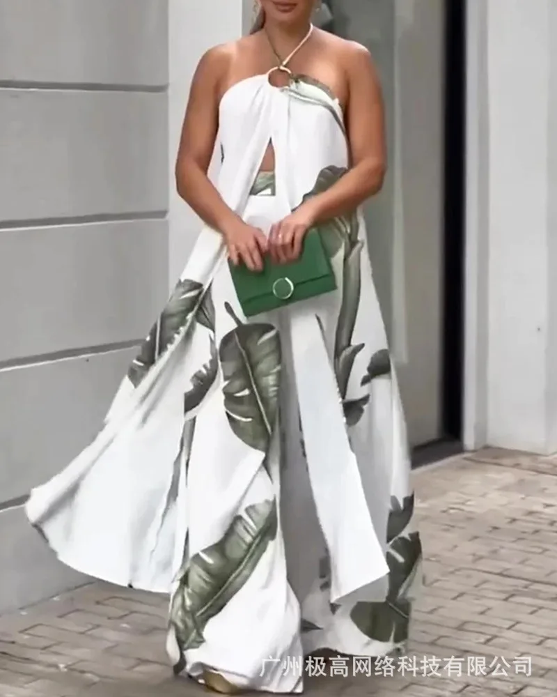 

Palm Leaf Print Slit Longline Halter Top & Wide Leg Pants Set Women Long Loose Blouse Sleeveless Tops High Waist Pants Flower