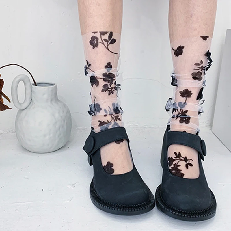 

New Rose Flower Socks Women Sweet Floral Korea Japanese Harajuku Chiffon Mesh Breathable Sock For Ladies Transparent Socks