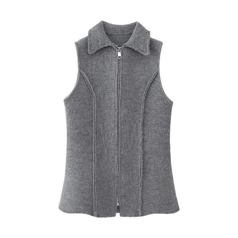 

Knitted Vest Vest Women's Autumn and Winter New Fishbone Zipper Lapel Design Sense Slim Knitted Sweater Jacket